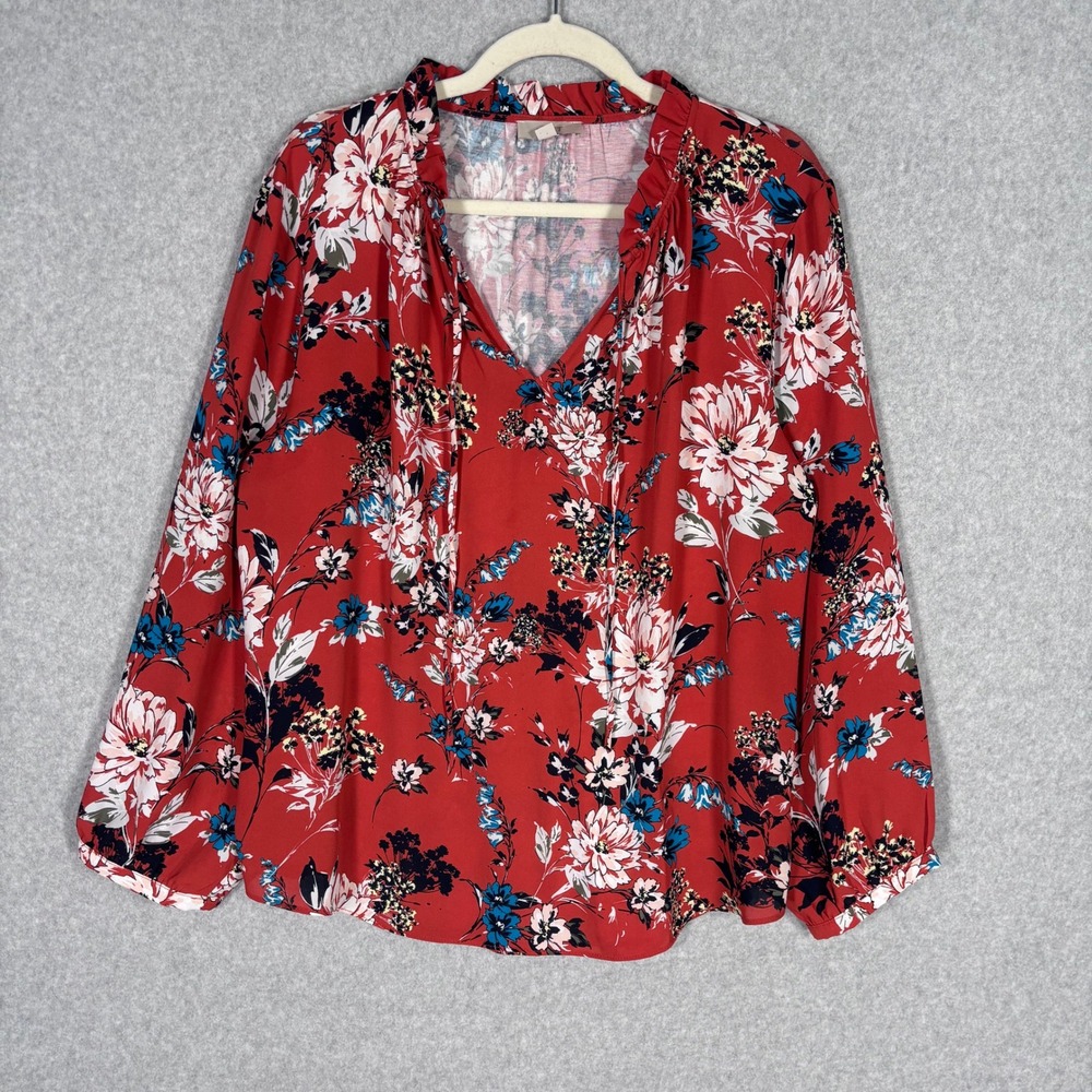 LOFT Floral‎ Ruffle Blouse Large Red Popover Tie Front Puff Feminine Romantic